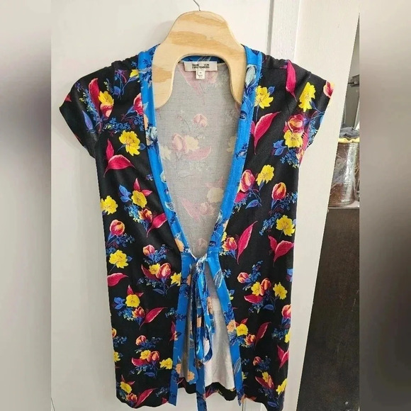 Diane Von Furstenberg Black Floral Print Silk Wrap Dress Size 14‎ - Picture 1 of 7